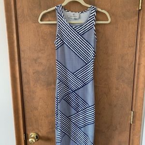 Sexy curve hugging blue and white body con dress